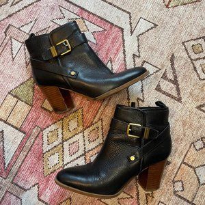 Franco Sarto Black Leather Boots with Wood Heel